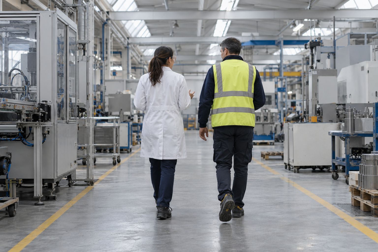 Un medico del lavoro e un tecnico della sicurezza camminano insieme in un reparto produttivo