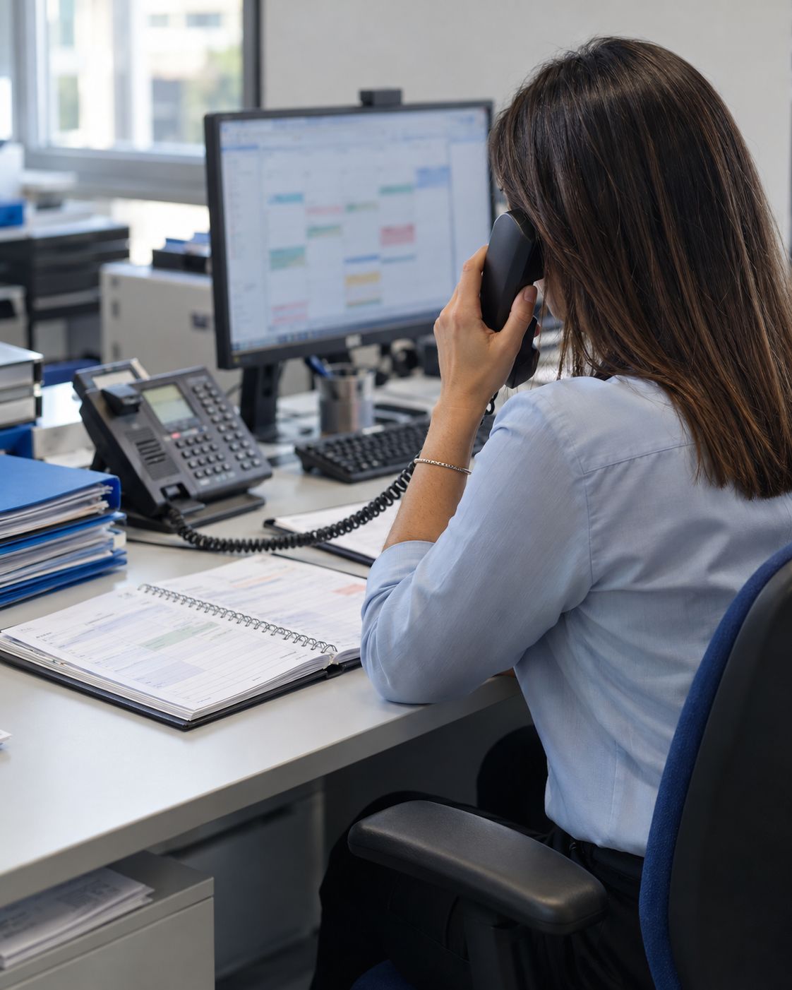 Segreteria organizzativa: agenda delle visite, telefono e cartelline su una scrivania, una persona al telefono