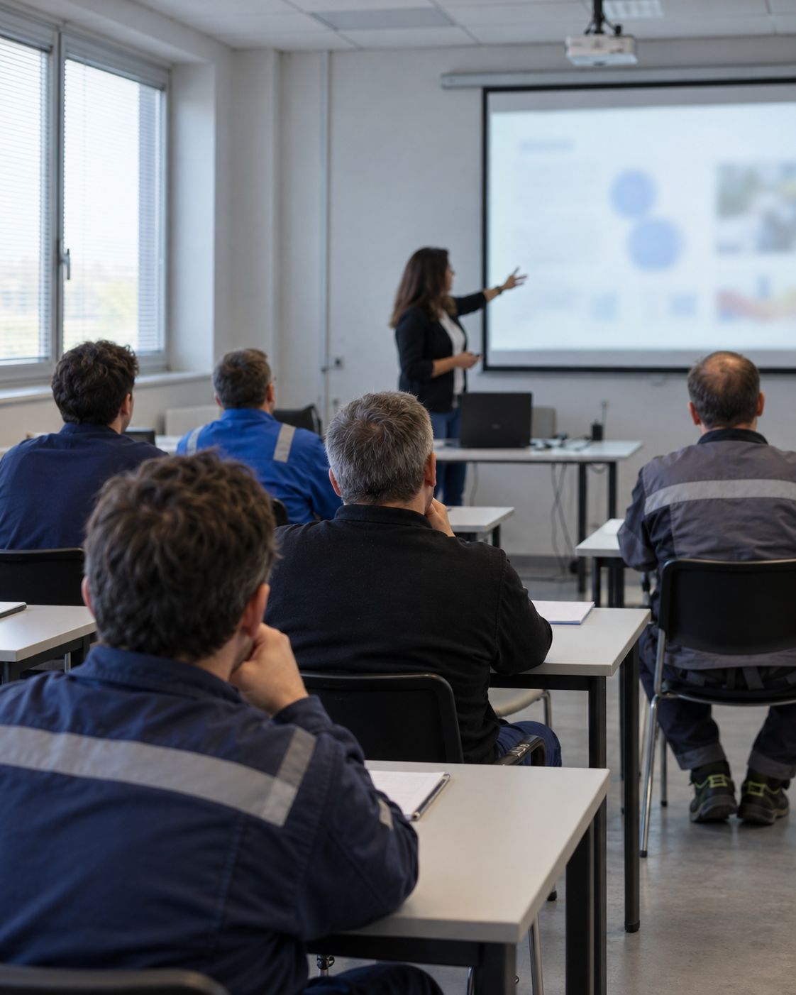 Lavoratori in aula durante un corso, la formatrice indica una slide sullo schermo