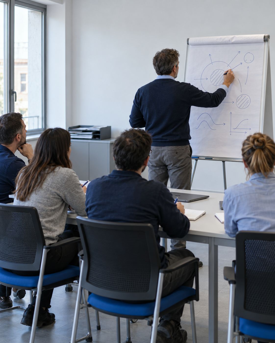 Formatore spiega uno schema disegnato su una lavagna a fogli mobili a un piccolo gruppo