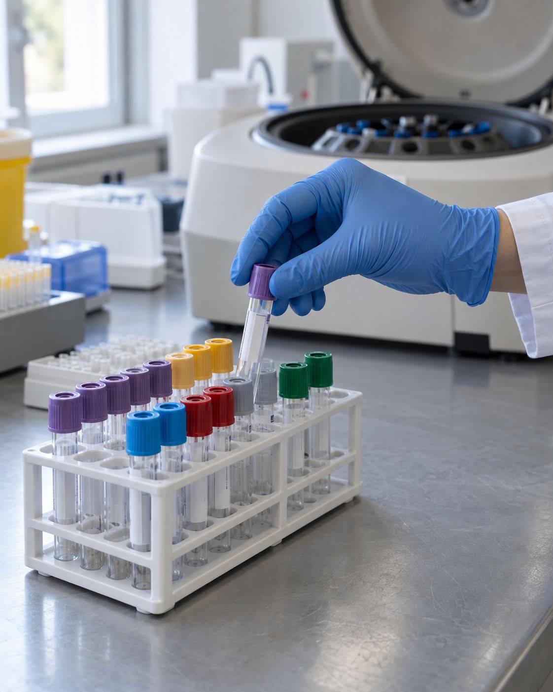 Mano con guanto in nitrile prende una provetta da un rack sul bancone di un laboratorio di analisi