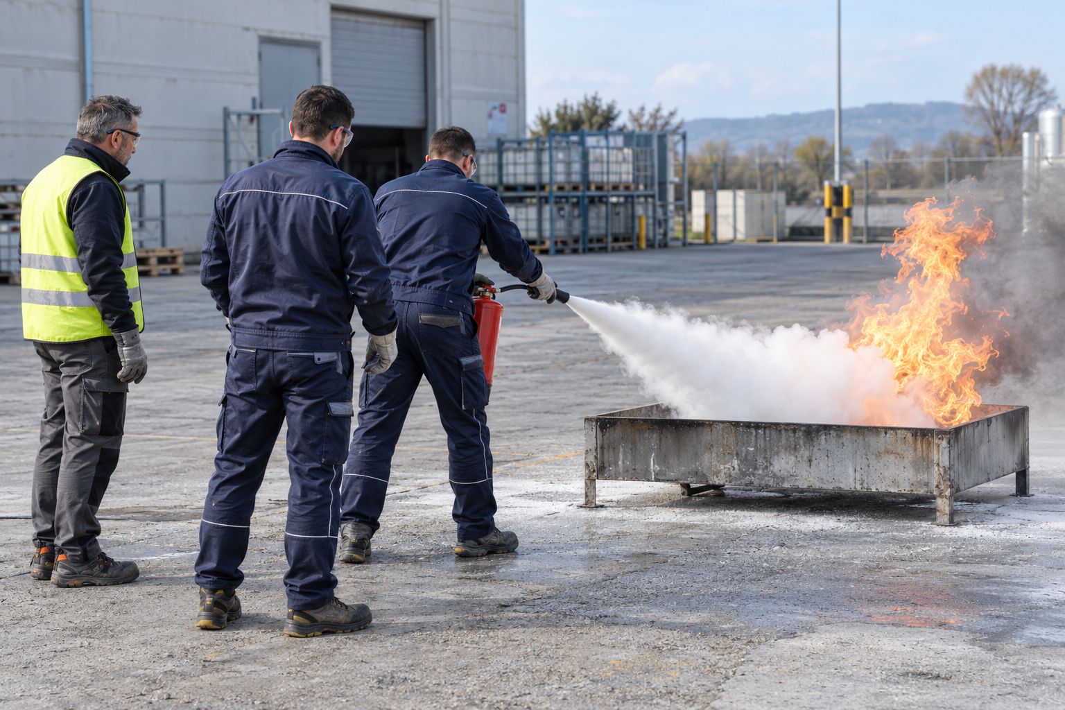 Esercitazione antincendio all’aperto: un addetto spegne con l’estintore il fuoco in una vasca metallica
