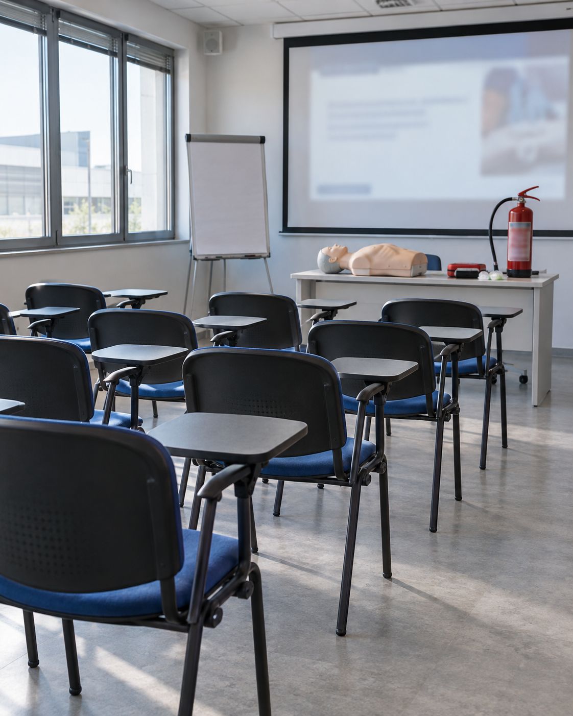 Aula di formazione con sedie, schermo, manichino per la rianimazione ed estintore sul tavolo del formatore