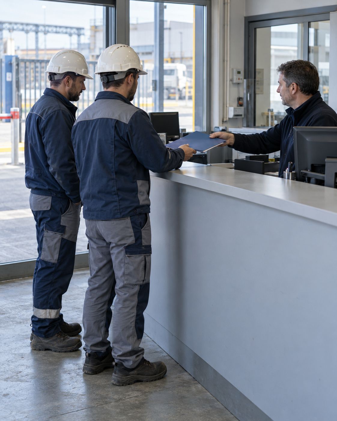 Due operai di una ditta esterna ricevono i documenti al banco della portineria di uno stabilimento