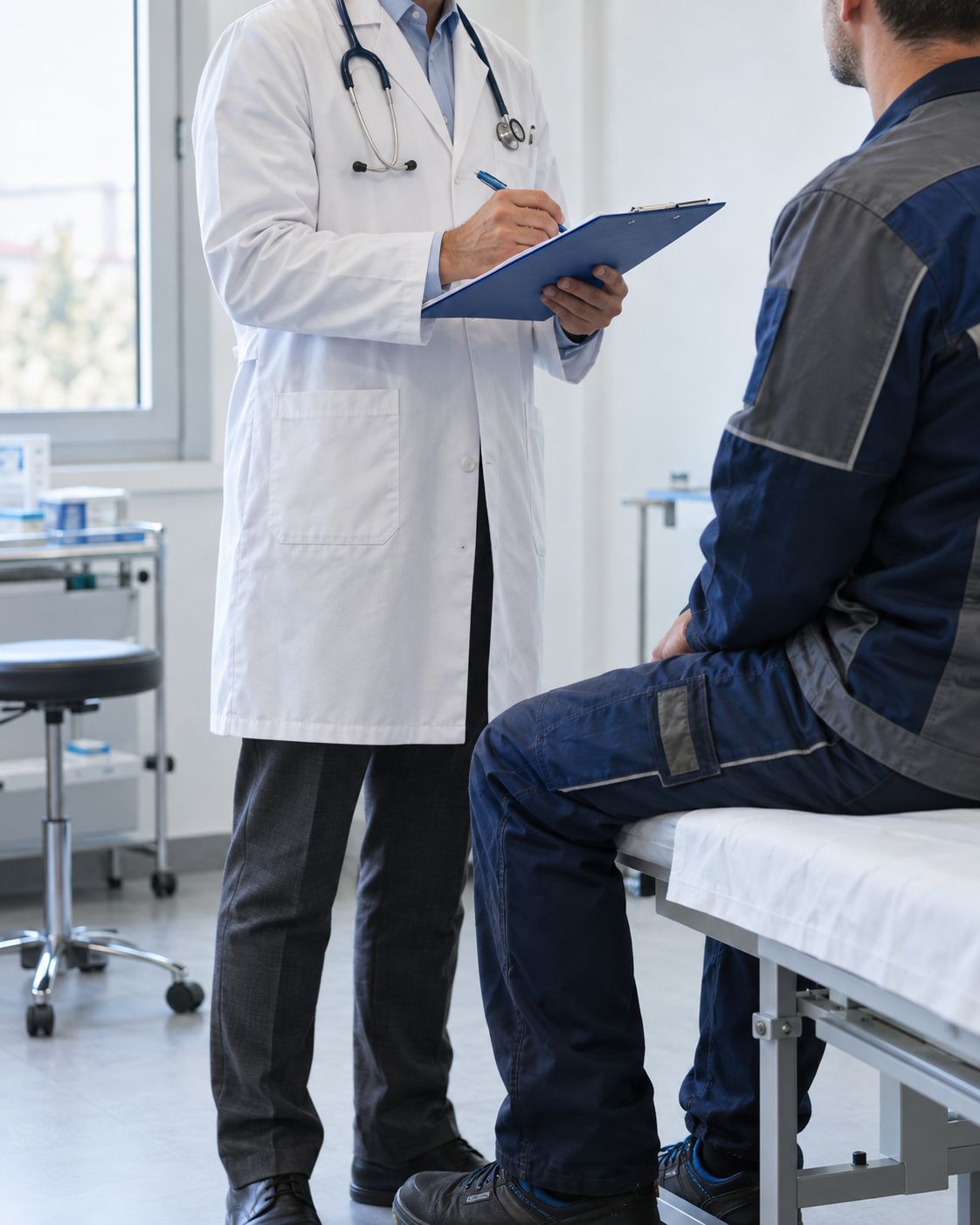 Il medico del lavoro compila la cartella durante la visita di un lavoratore in tuta