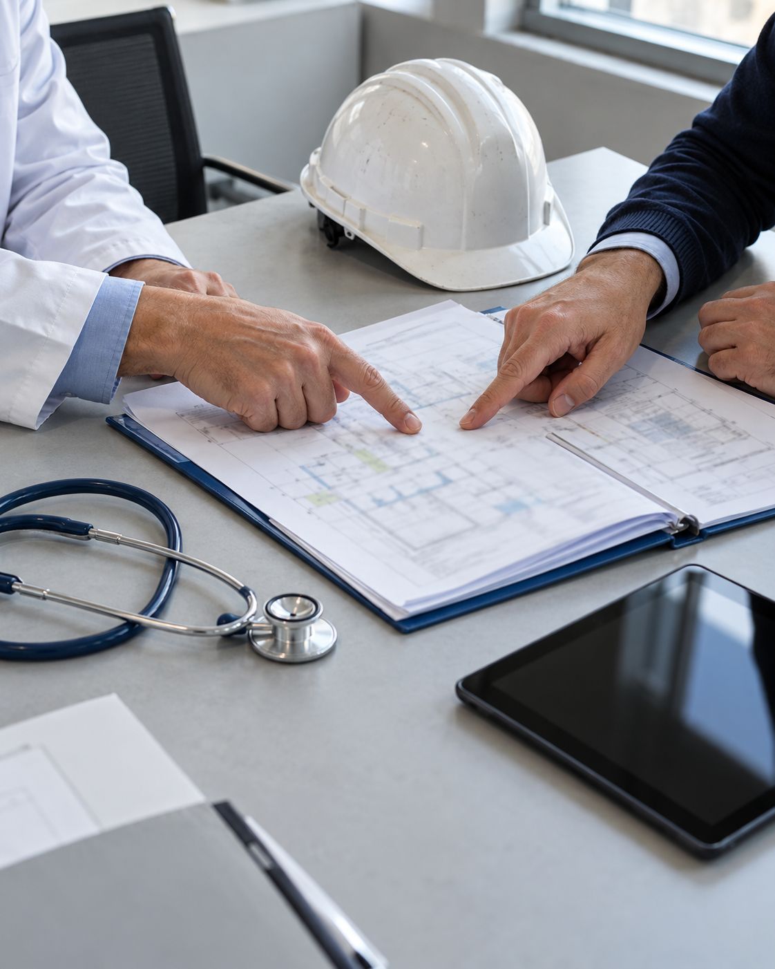 Le mani di un medico e di un tecnico indicano un punto della planimetria, sul tavolo un casco, un fonendoscopio e un tablet