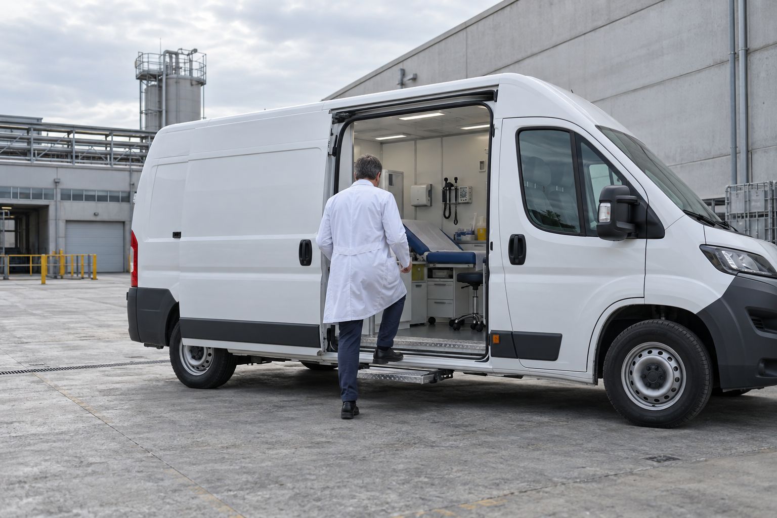 Medico del lavoro sale su un furgone attrezzato ad ambulatorio, parcheggiato nel piazzale di uno stabilimento
