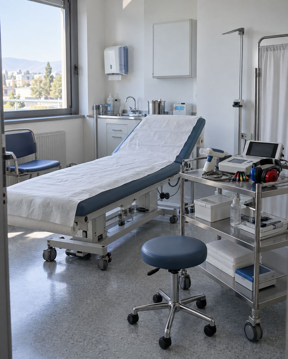 Ambulatorio di medicina del lavoro con lettino, spirometro, elettrocardiografo e cuffie per audiometria