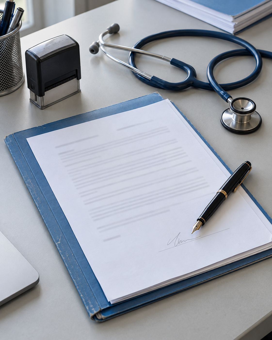 Lettera d’incarico firmata su una scrivania, con fonendoscopio, timbro e penna stilografica