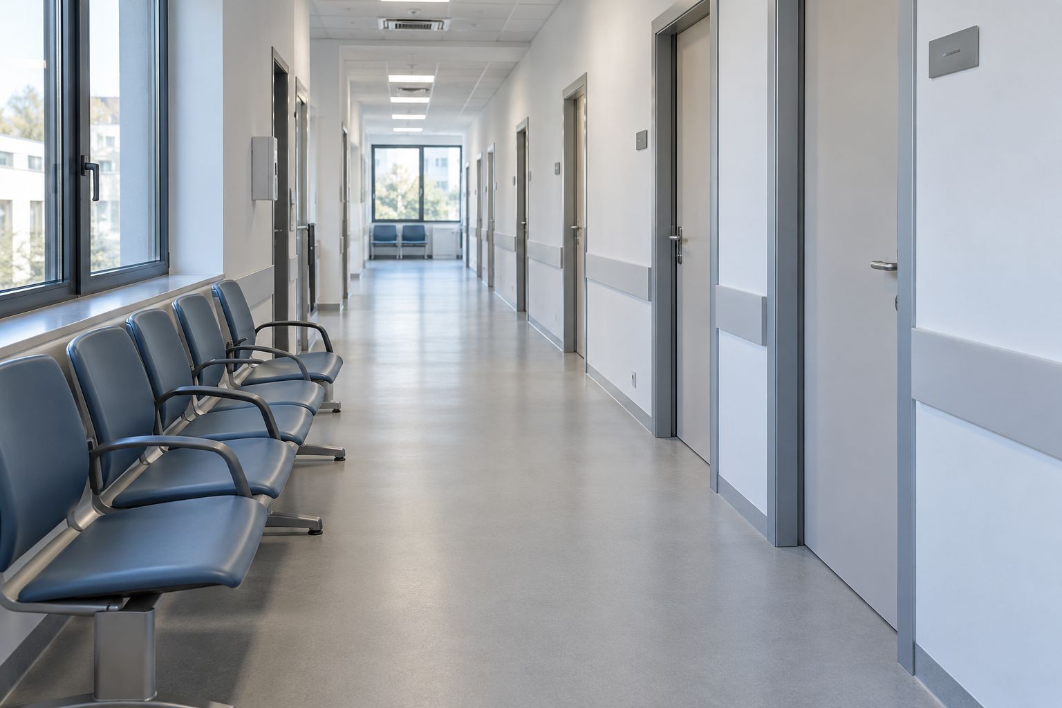 Corridoio di un poliambulatorio con le porte degli studi medici e le sedute d’attesa