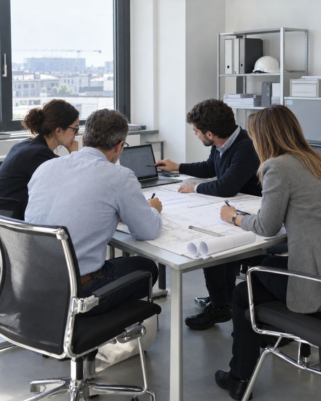 Due donne e due uomini lavorano insieme a un tavolo con disegni tecnici e un portatile