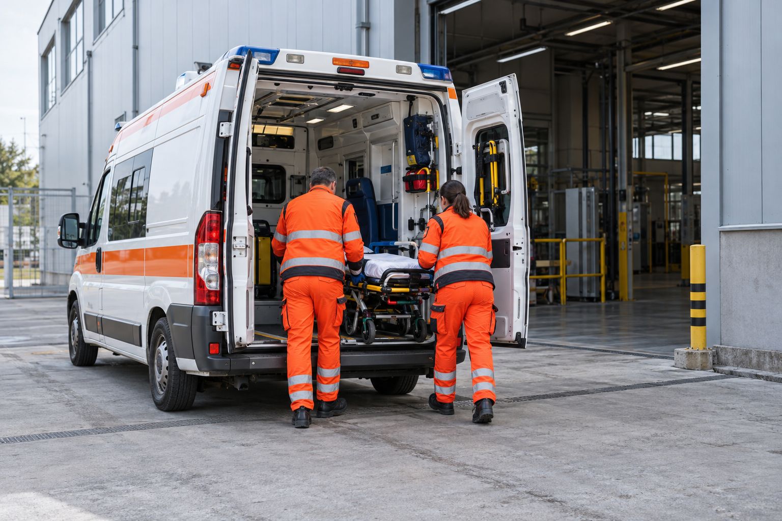 Ambulanza con il portellone aperto davanti all’ingresso di uno stabilimento, due soccorritori di spalle