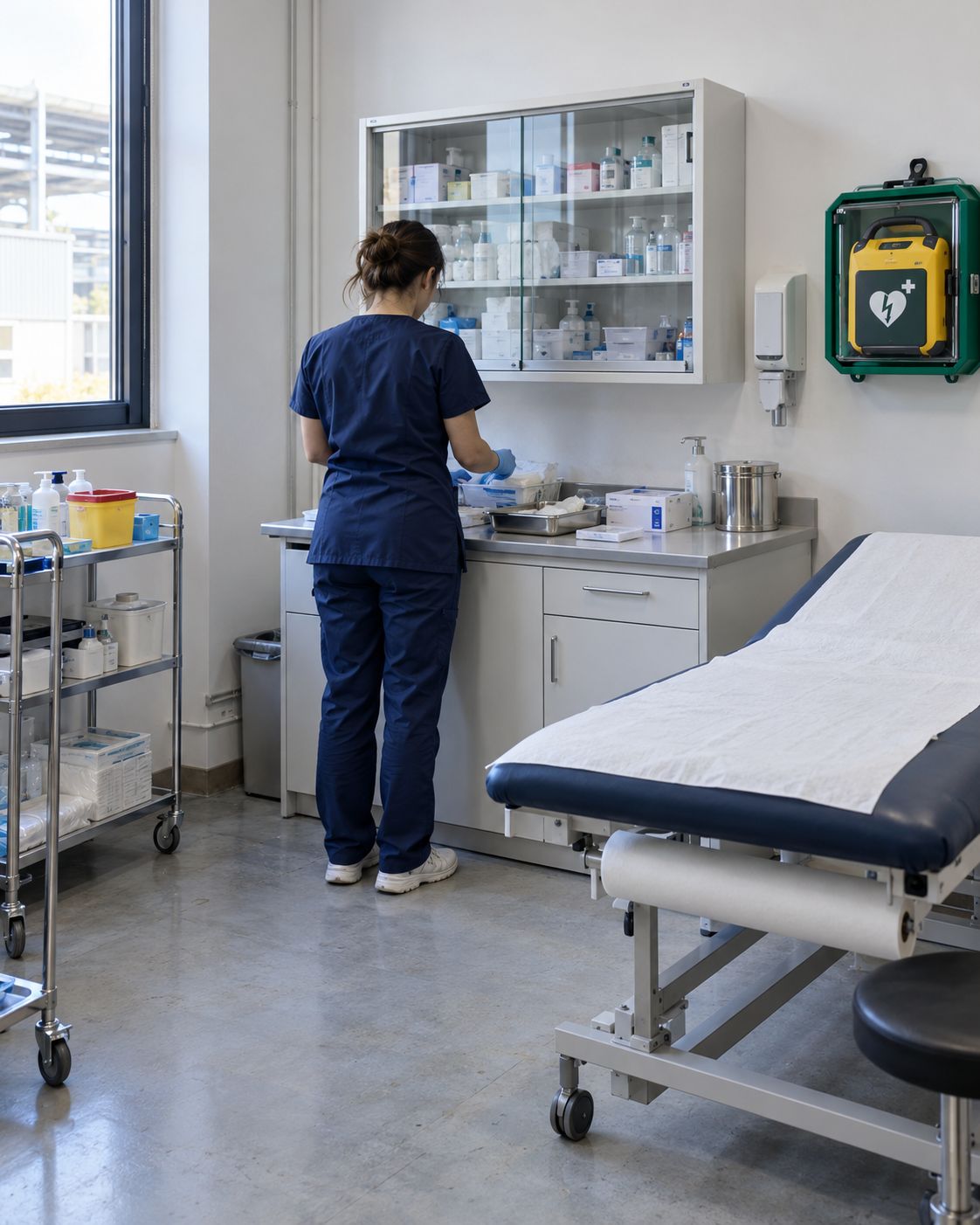 Infermeria aziendale con lettino, armadietto dei farmaci e defibrillatore a parete, un’infermiera prepara il materiale