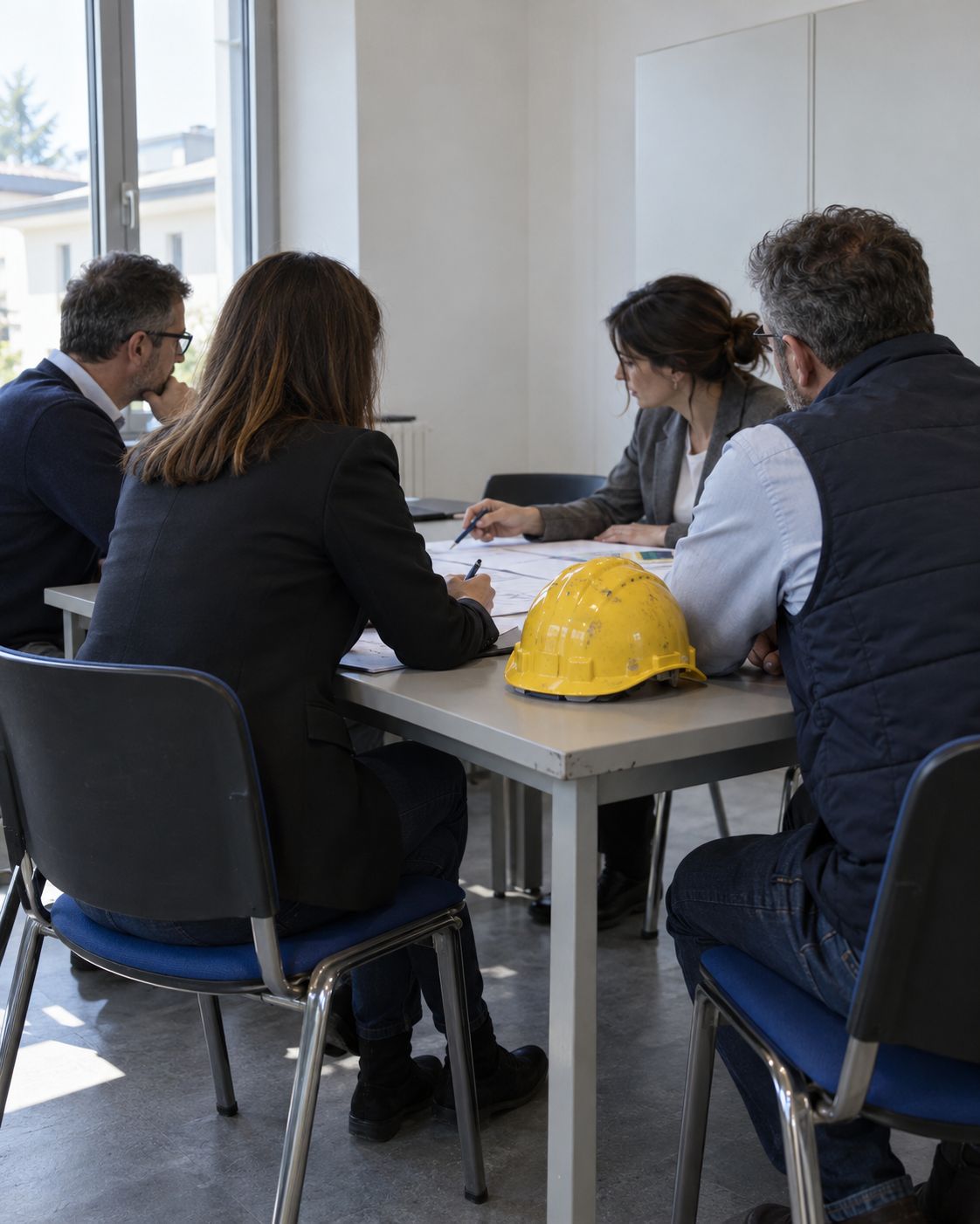 Riunione periodica della sicurezza attorno a un tavolo con documenti e un casco