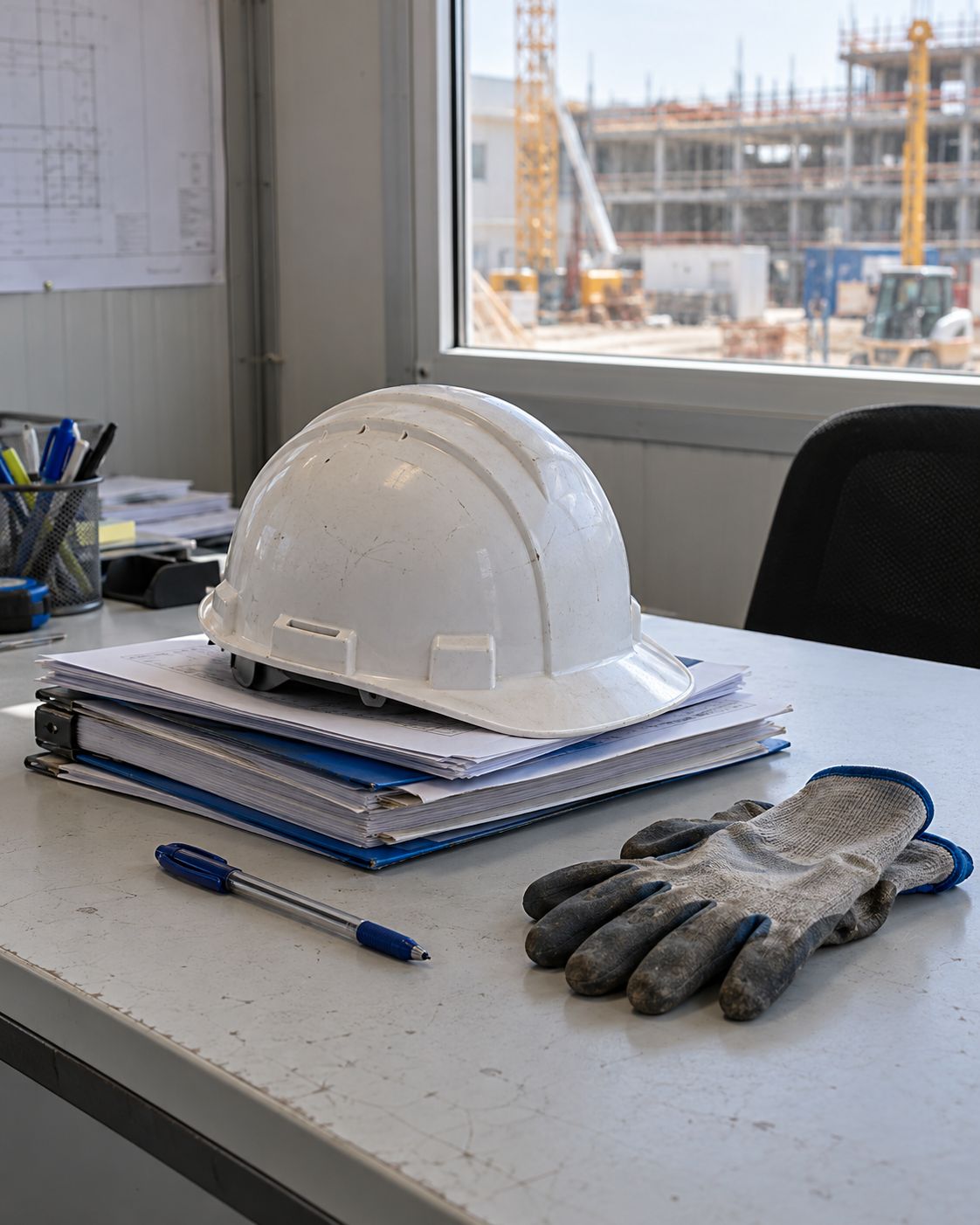 Casco bianco su una pila di fascicoli, con guanti da lavoro e penna, davanti alla finestra su un cantiere