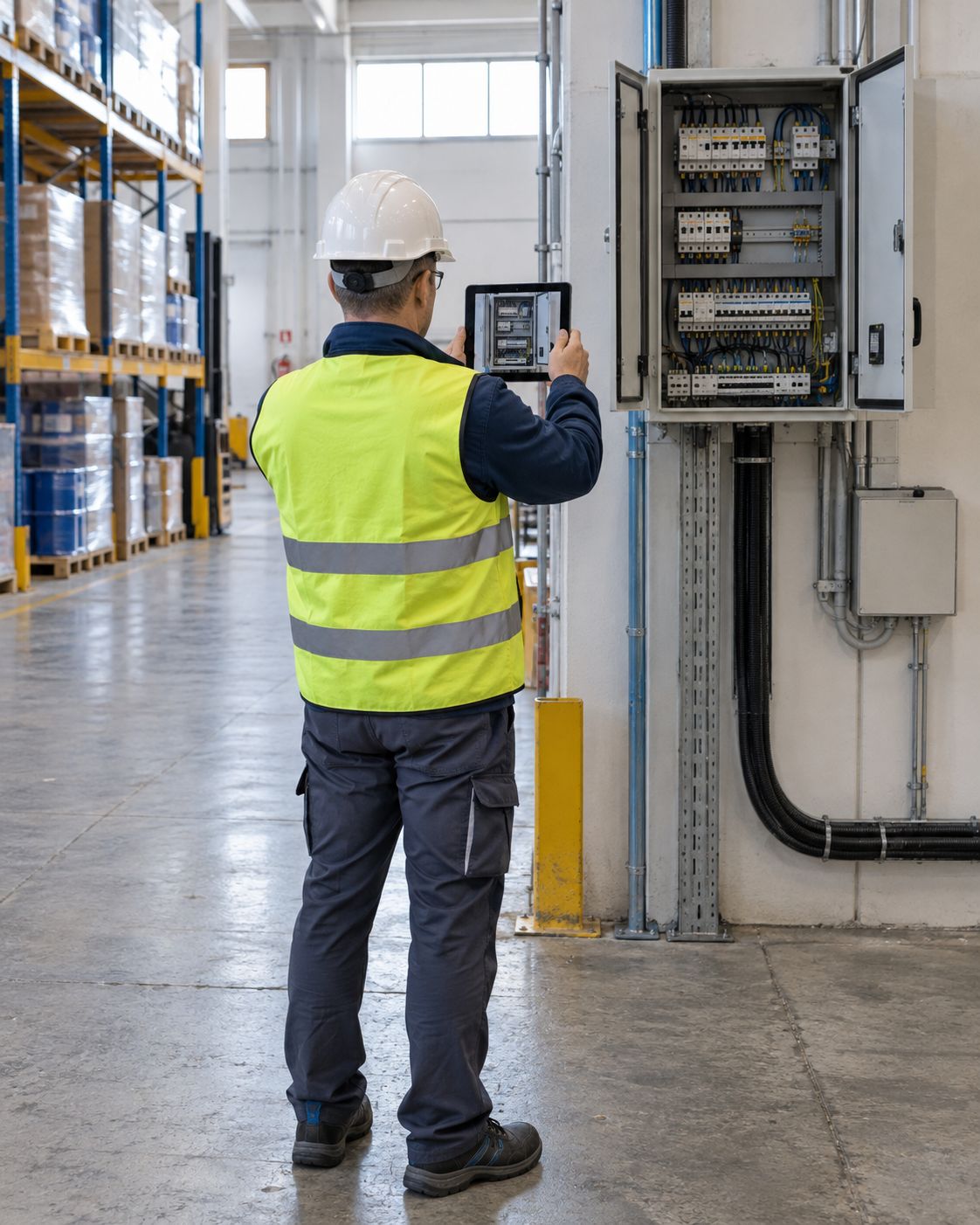 Tecnico della sicurezza con casco e gilet ad alta visibilità fotografa un quadro elettrico in un magazzino