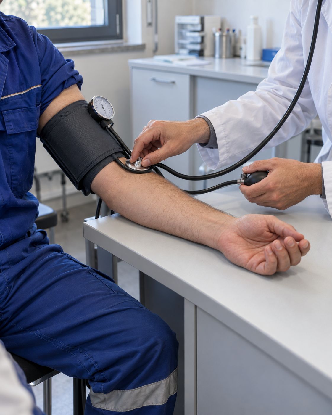 Il medico misura la pressione al braccio di un lavoratore in tuta durante la visita