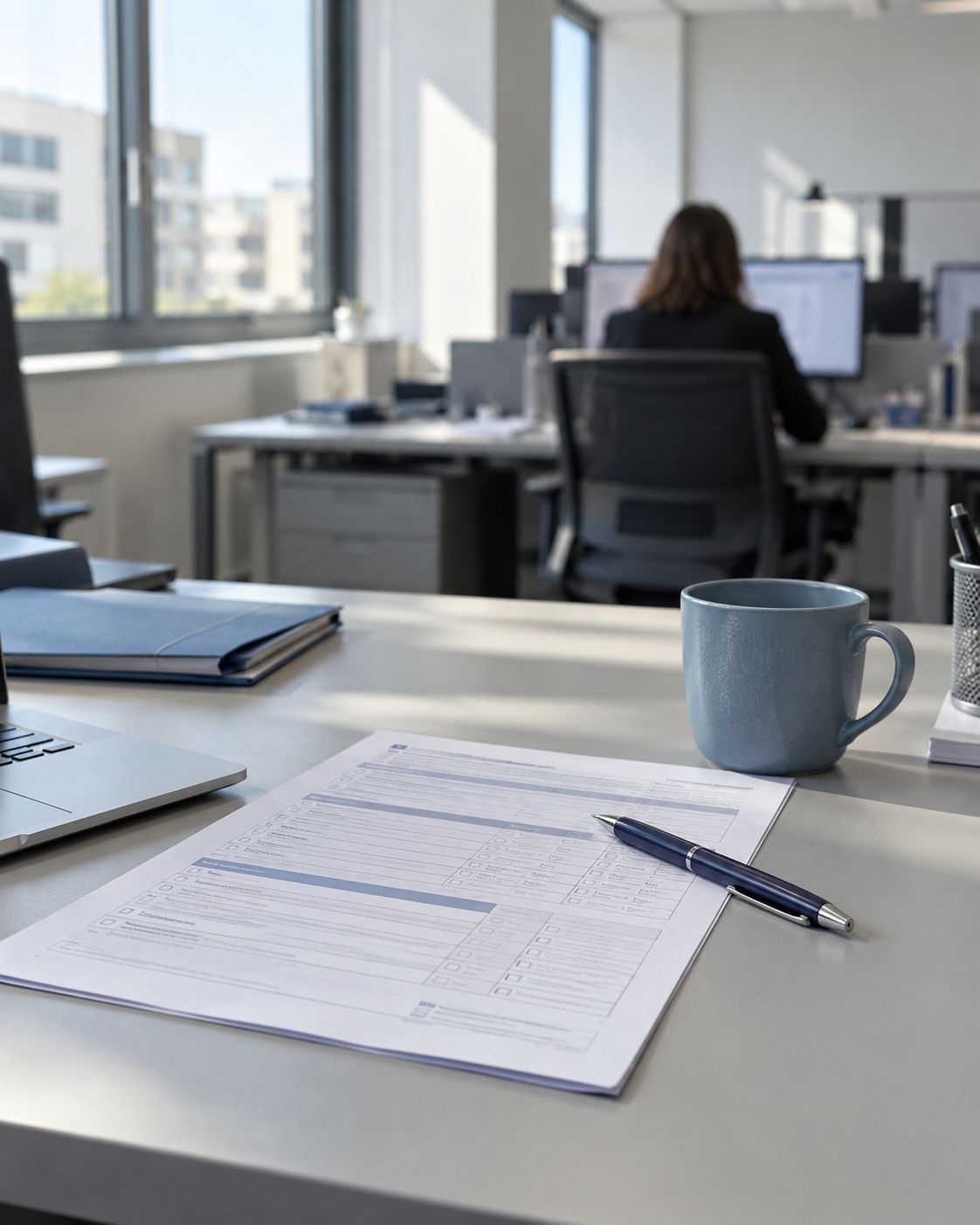 Questionario di valutazione su una scrivania d’ufficio, con penna e tazza